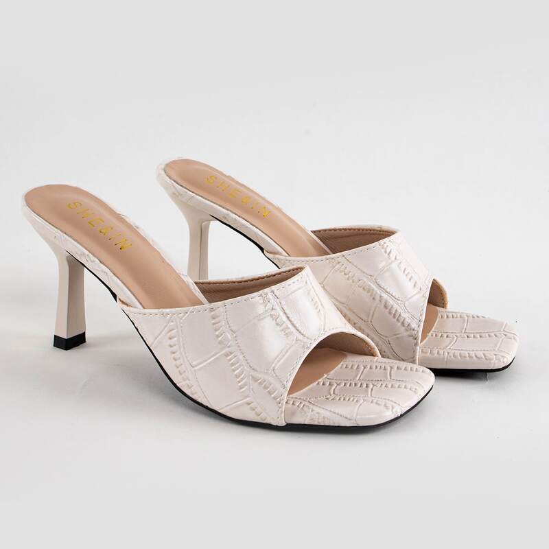

Textured Open Toe Mid Heeled Mules, Beige