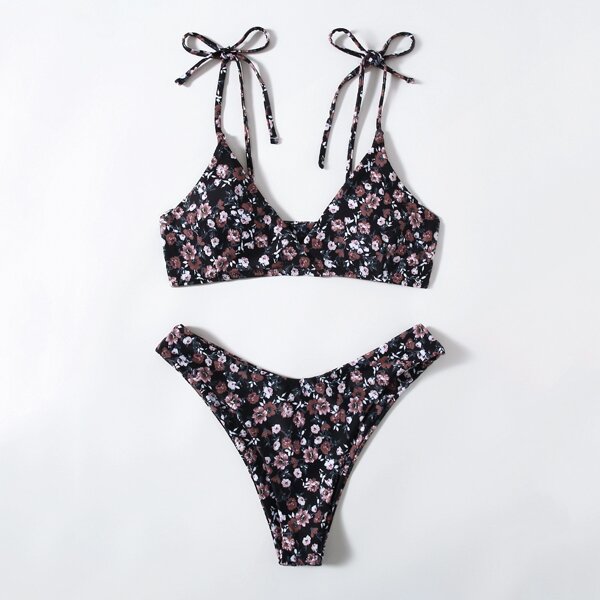 

Ditsy Floral Tie Shoulder Bikini Swimsuit, Multicolor
