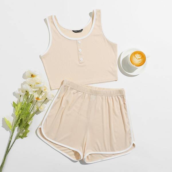 

Contrast Binding Tank Top & Shorts, Beige