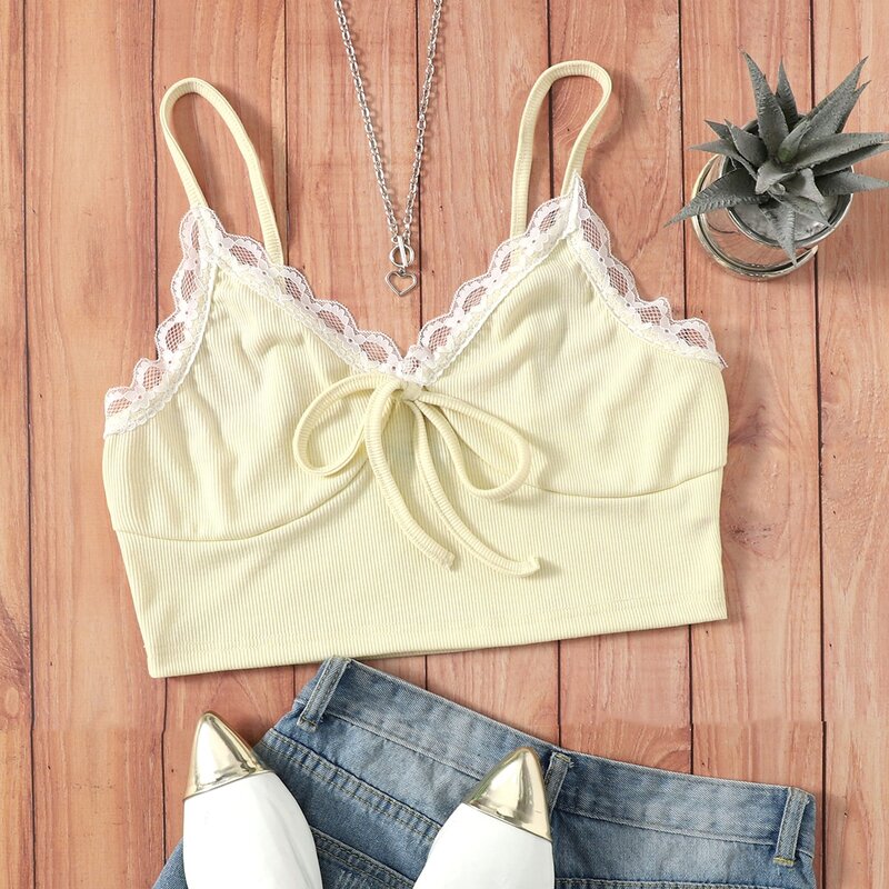 

Knot Front Contrast Lace Cami Top, Beige