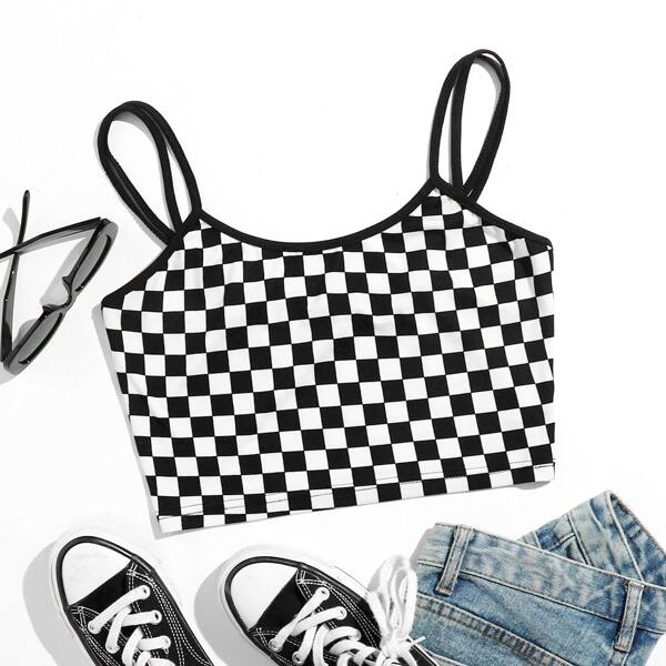 

Checkerboard Crop Cami Top, Black and white