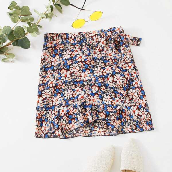 

Allover Floral Print Knot Side Wrap Skirt, Multicolor