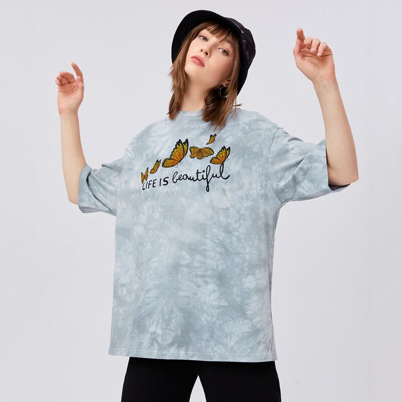 

Slogan and Butterfly Print Tie Dye Top, Multicolor
