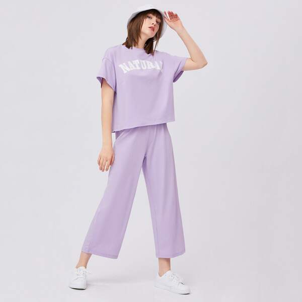 

Drop Shoulder Letter Graphic Top & Pants Set, Lilac purple