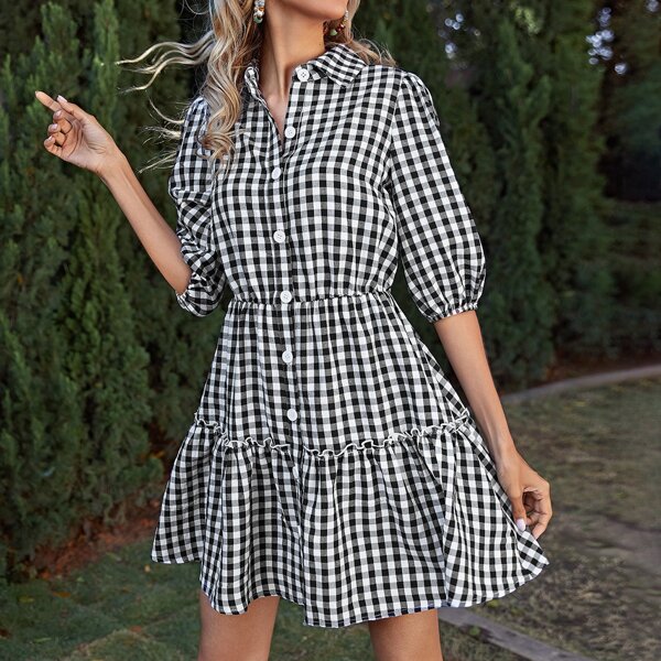 

Collared Buttoned Front Ruffle Hem Gingham Dress, Black and white