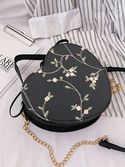 Floral Embroidery Heart Shaped Satchel Bag