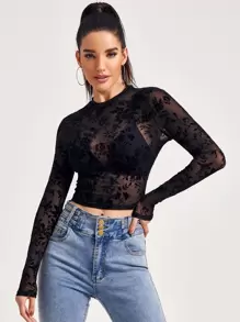 SHEIN BAE Mock-Neck Flocked Mesh Top Without Bra - Black - View 1