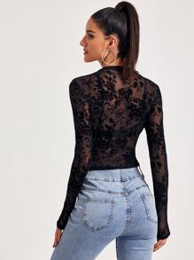 SHEIN BAE Mock-Neck Flocked Mesh Top Without Bra - Black - View 2