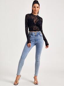 SHEIN BAE Mock-Neck Flocked Mesh Top Without Bra - Black - View 3