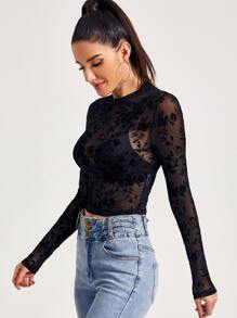 SHEIN BAE Mock-Neck Flocked Mesh Top Without Bra - Black - View 5