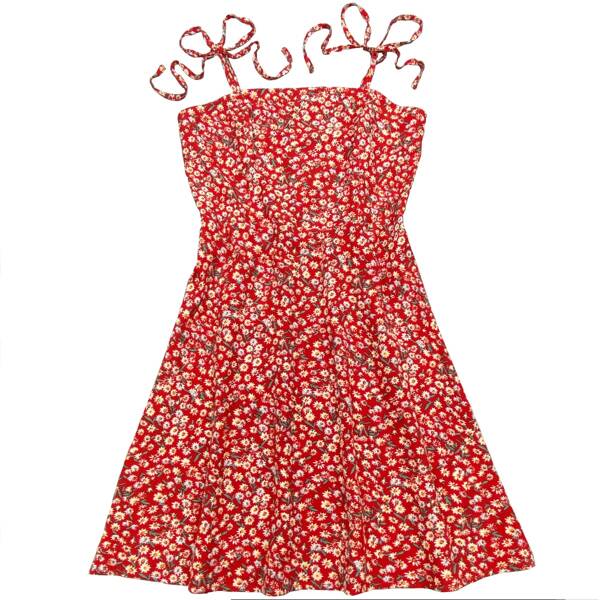 

Knot Shoulder Shirred Back Ditsy Floral Dress, Red