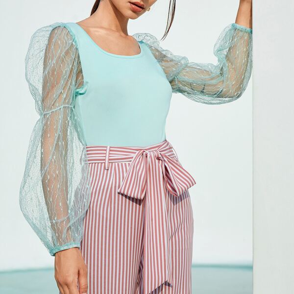 

Sheer Mesh Lantern Sleeve Top, Mint blue