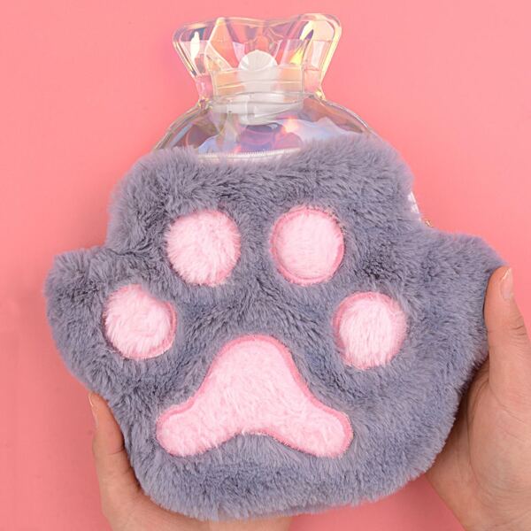 

1pc Hot Water Bag With Paw Pattern Plush Cover, Grey