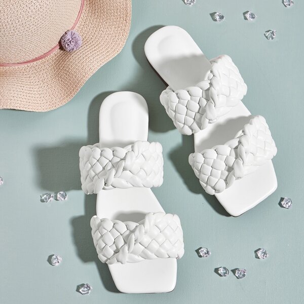 

Braided Design Slide Sandals, White