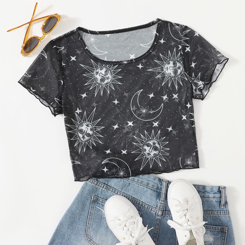 

Galaxy Print Lettuce Trim Sheer Mesh Top, Black