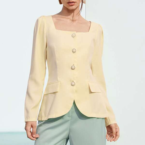 

Square Neck Flap Detail Button Placket Blazer, Yellow pastel