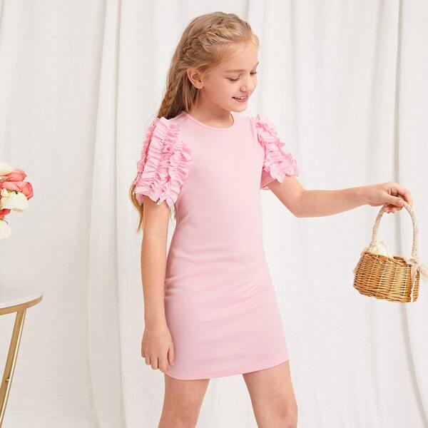 

Girls Layered Ruffle Detail Sleeve Solid Bodycon Dress, Baby pink