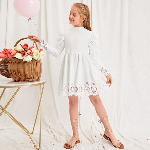 

Girls Gigot Sleeve Laser Cut Scallop Edge Dress, White
