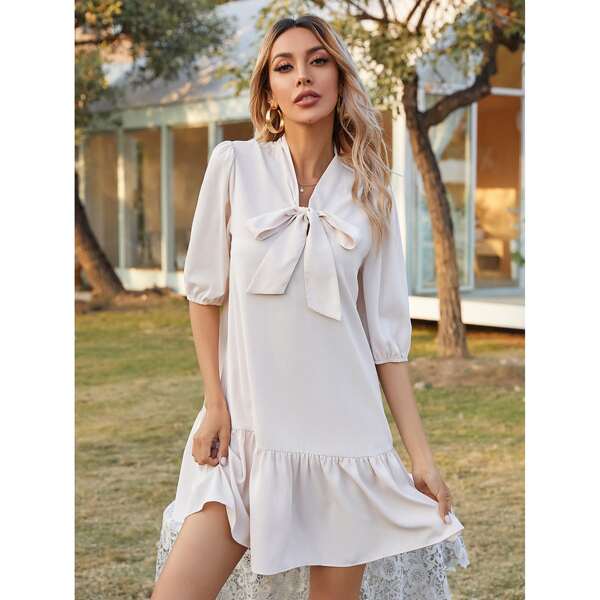 

Tie Neck Ruffle Hem Smock Dress, Apricot