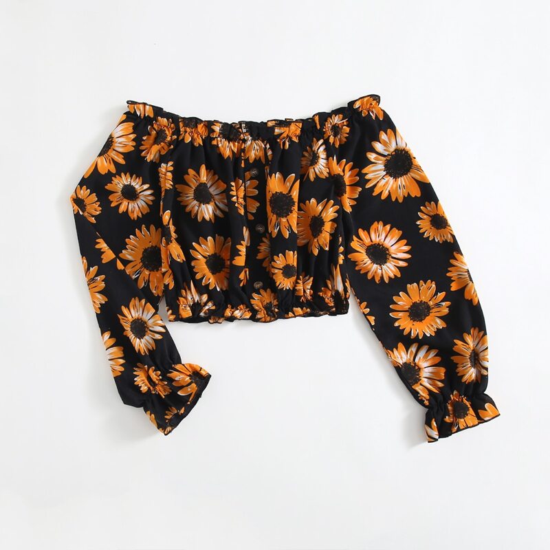 

Off Shoulder Sunflower Crop Top, Multicolor