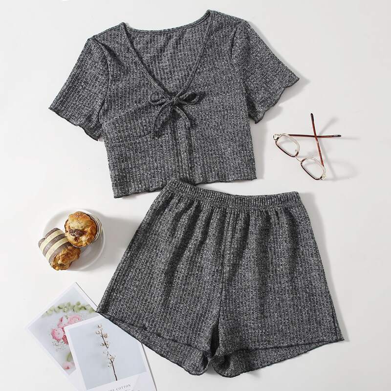 

Tie Front Ribbed Tee & Shorts Lounge Set, Dark grey