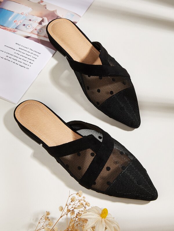 Fall/Winter Polka Dot Sheer Mesh Flat Mules