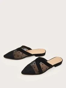 Fall/Winter Polka Dot Sheer Mesh Flat Mules - Black - View 2