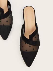 Fall/Winter Polka Dot Sheer Mesh Flat Mules - Black - View 5