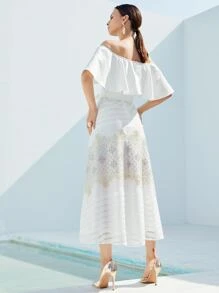 SHEIN VCAY 露肩荷葉邊自腰帶圖案洋裝 - 白色 - 查看 2