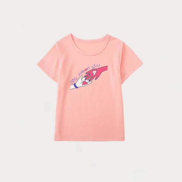 

Girls Slogan And Hand Print Tee, Coral pink