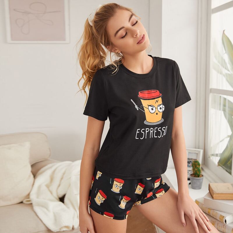 

Letter And Cartoon Graphic Pajama Set, Black