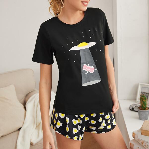 

Cartoon Graphic Pajama Set, Black