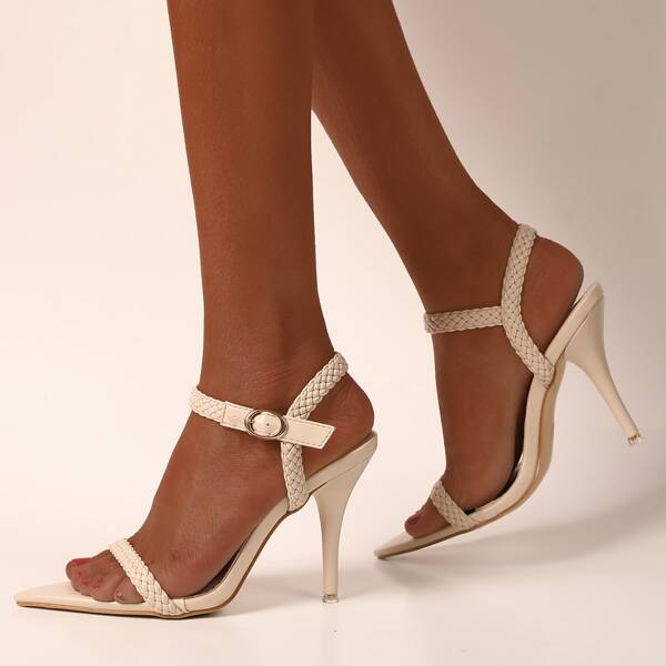 

Braided Ankle Strap Stiletto Heeled Sandals, Apricot