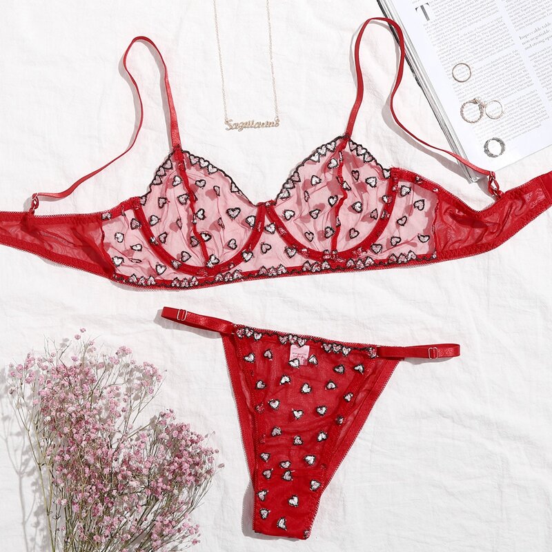

Heart Embroidered Mesh Underwire Lingerie Set, Red