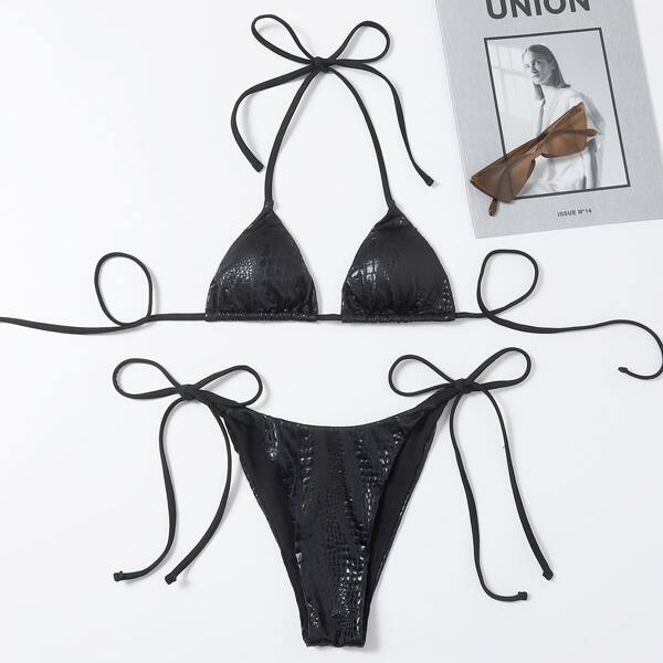 

Metallic Halter Tie Side Bikini Swimsuit, Black