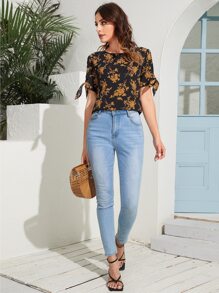 SHEIN LUNE Floral Knot Cuff Top - Multicolor - View 4