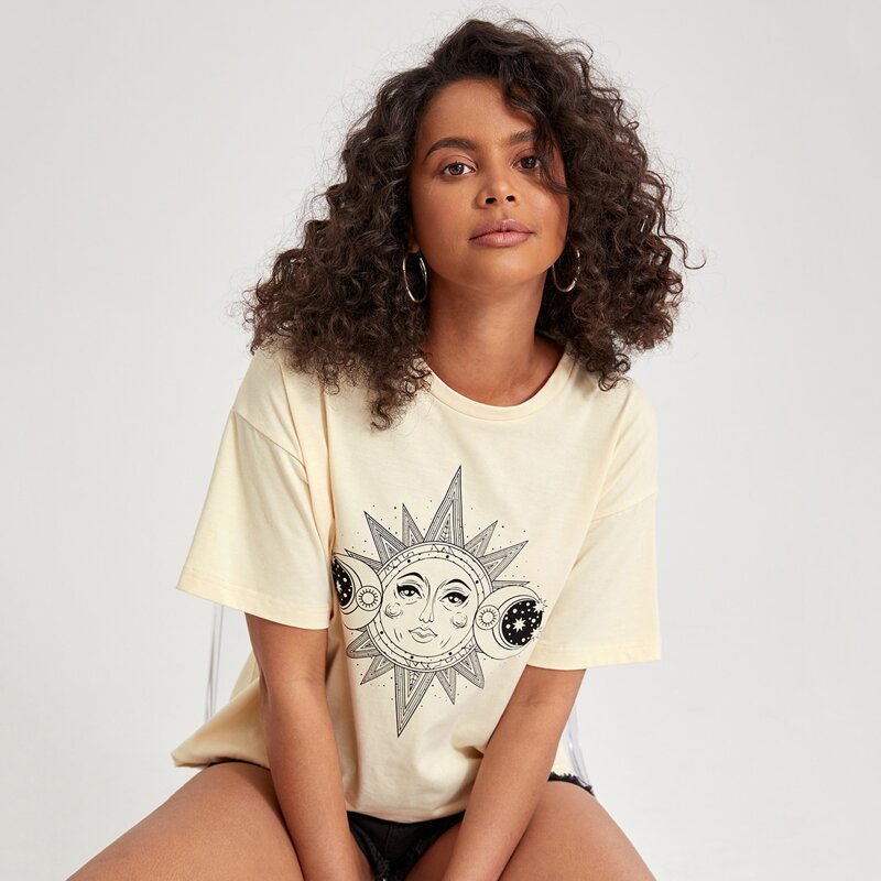 

Sun & Moon Graphic Oversized Tee, Beige