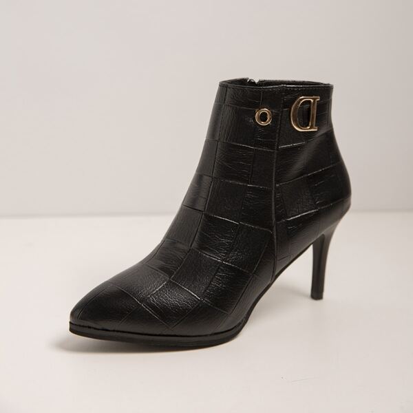

Metal Letter Decor Stiletto Ankle Boots, Black