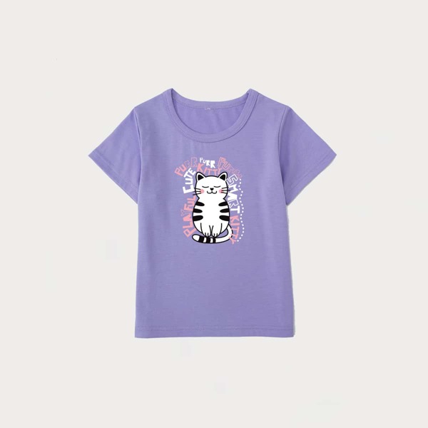 

Toddler Girls Cartoon Cat & Letter Graphic Tee, Violet purple