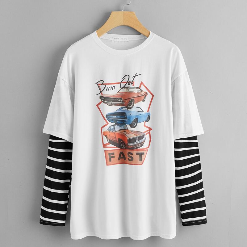 

Striped Sleeve Car Graphic 2 In 1 Tee, Black and white