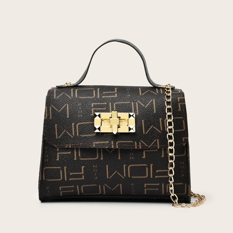 Letter Graphic Chain Satchel Bag, Coffee brown