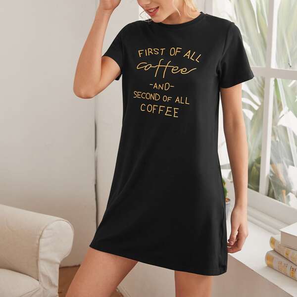 

Slogan Graphic Night Dress, Black