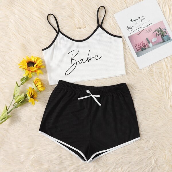 

Letter Graphic Cami Top & Shorts PJ Set, Black and white