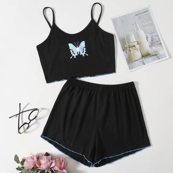 

Butterfly Print Cami Top & Shorts PJ Set, Black