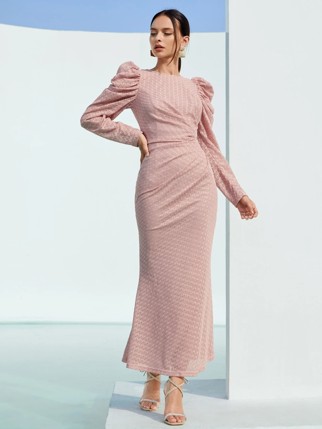 Gigot Sleeve Ruched Fishtail Hem Lace 