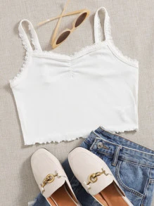 SHEIN MOD 蕾絲邊羅紋針織吊帶上衣 - 白色 - 查看 1