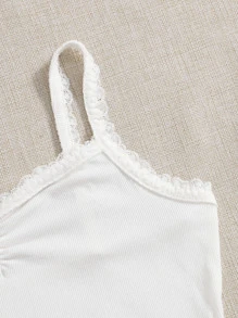 SHEIN MOD 蕾絲邊羅紋針織吊帶上衣 - 白色 - 查看 3