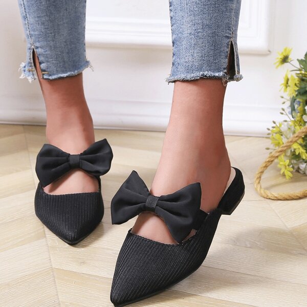 

Bow Decor Point Toe Flat Mules, Black