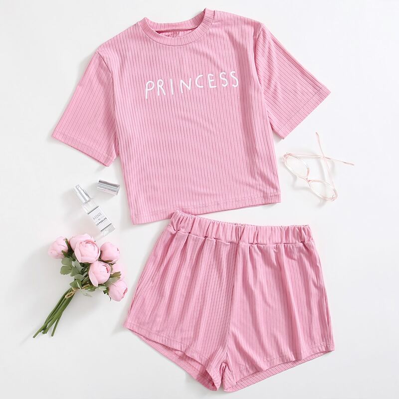 

Ribbed Letter Graphic Lounge Set, Baby pink