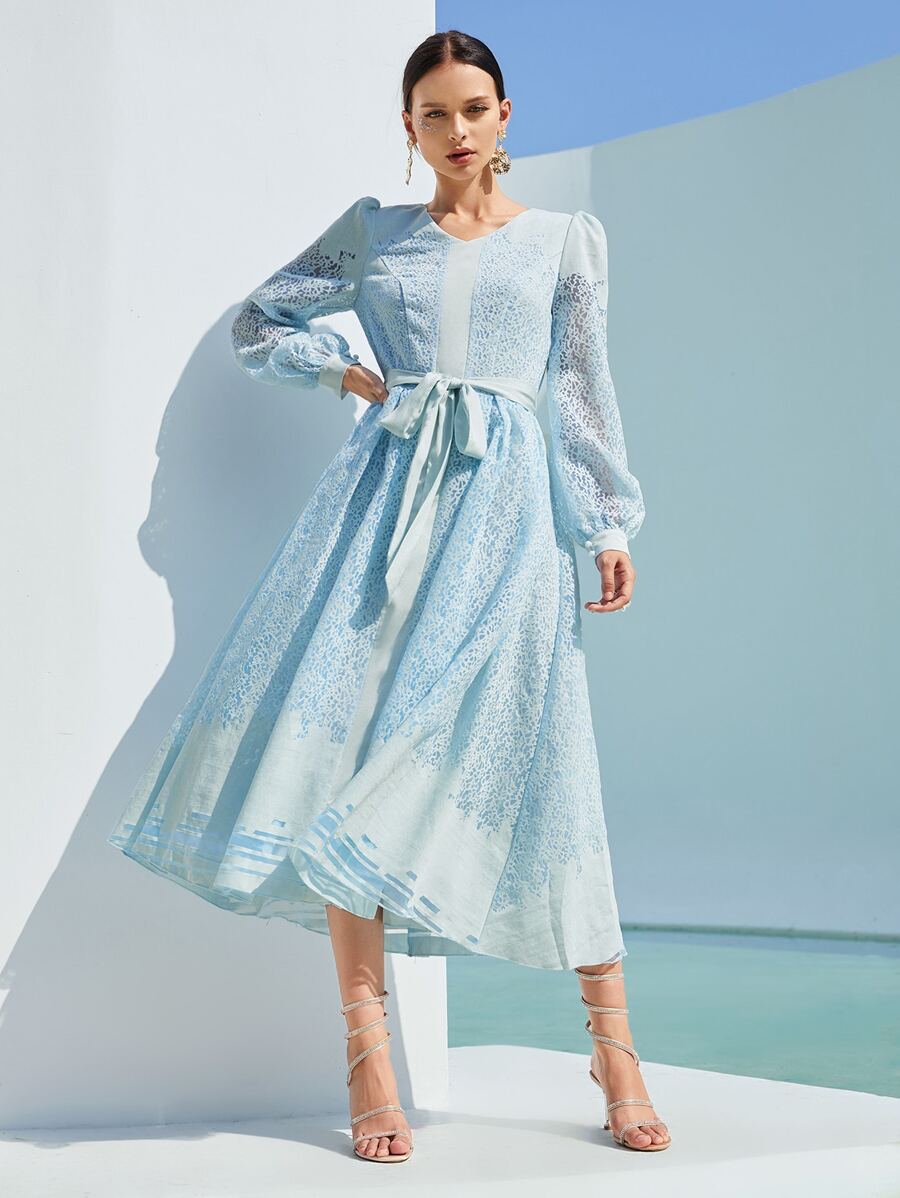 SHEIN 燈籠袖腰帶歐根紗洋裝